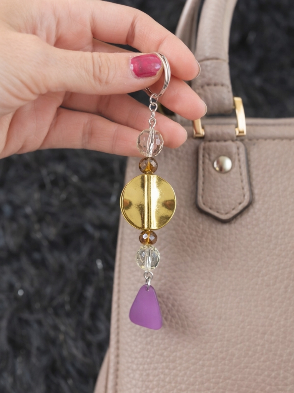 Handmade Gold & Violet Charm Keychain Bag Charm Crystal Beaded Accessory